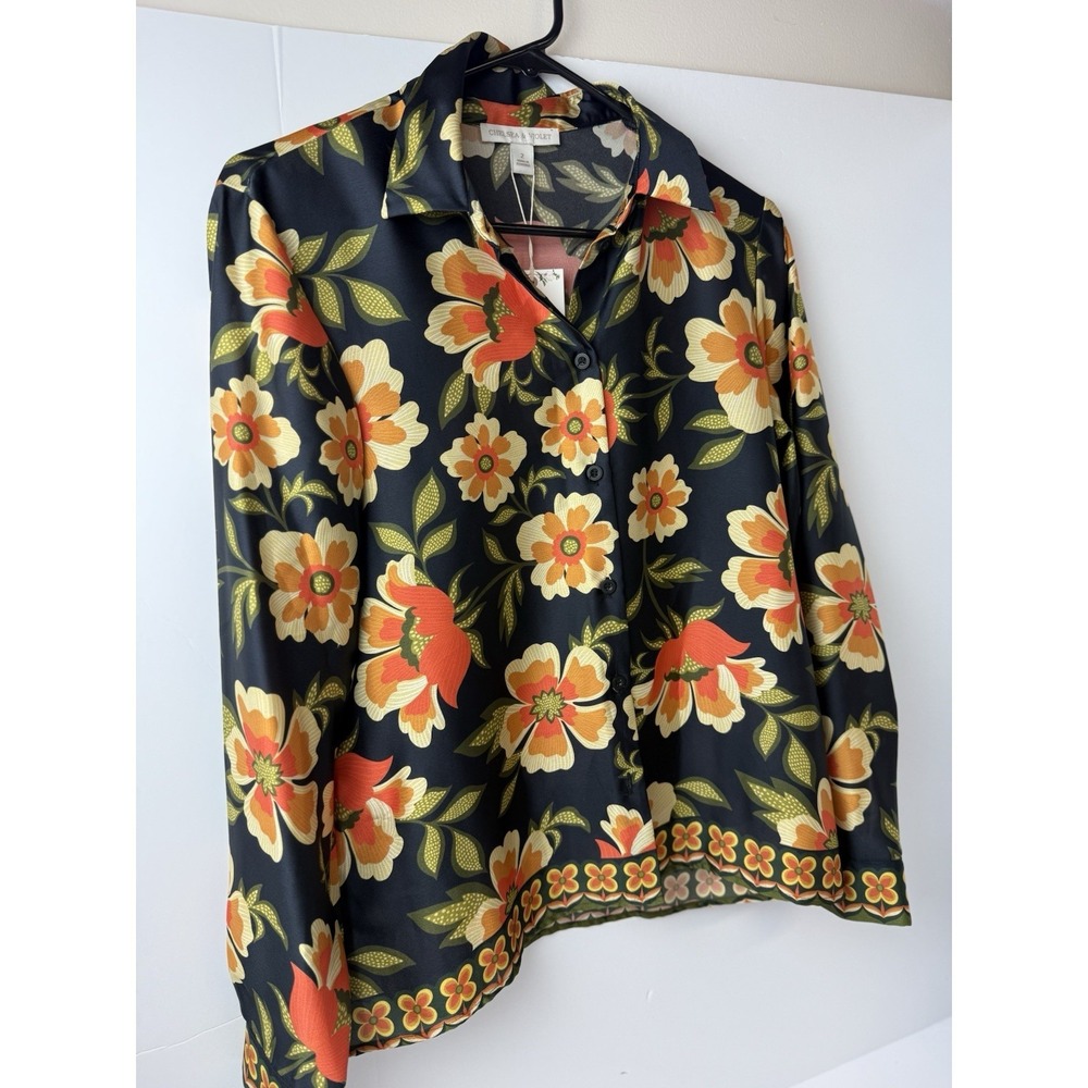 New Chelsea & Violet Black Orange Floral‎ Print Popover Blouse Shirt Size 2 - Picture 2 of 6